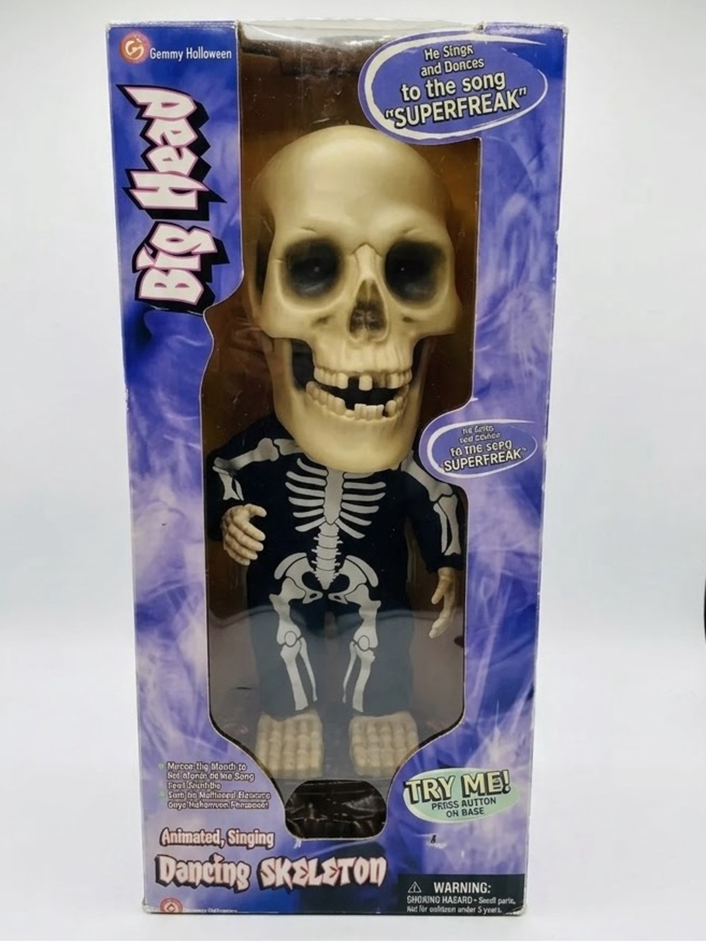 Vtg 2002 Gemmy Big Head Dancing Skeleton Super Freak Y2K Spooky Goth